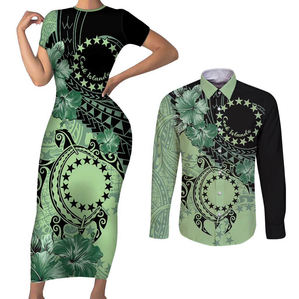 Cook Islands Turtle Couples Matching Short Sleeve Bodycon Dress and Long Sleeve Button Shirt Stars and Hibiscus - Green LT01 Green - Polynesian Pride