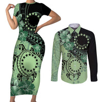 Cook Islands Turtle Couples Matching Short Sleeve Bodycon Dress and Long Sleeve Button Shirt Stars and Hibiscus - Green LT01 Green - Polynesian Pride