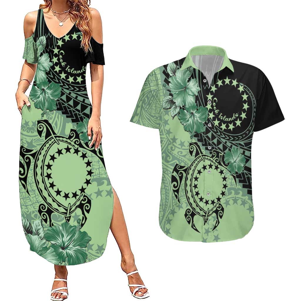Cook Islands Turtle Couples Matching Summer Maxi Dress and Hawaiian Shirt Stars and Hibiscus - Green LT01 Green - Polynesian Pride