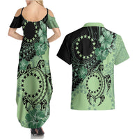 Cook Islands Turtle Couples Matching Summer Maxi Dress and Hawaiian Shirt Stars and Hibiscus - Green LT01 - Polynesian Pride