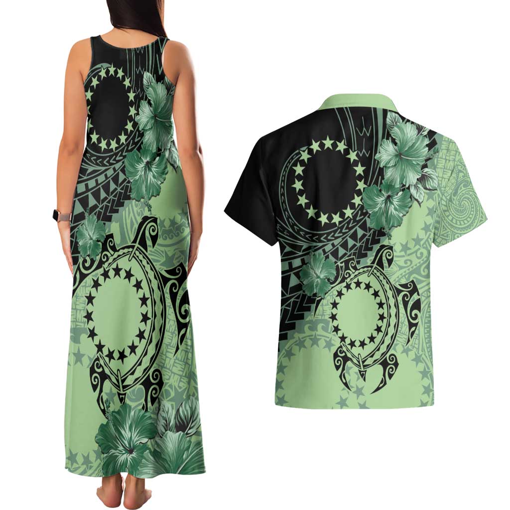 Cook Islands Turtle Couples Matching Tank Maxi Dress and Hawaiian Shirt Stars and Hibiscus - Green LT01 - Polynesian Pride