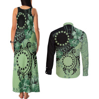 Cook Islands Turtle Couples Matching Tank Maxi Dress and Long Sleeve Button Shirt Stars and Hibiscus - Green LT01 - Polynesian Pride