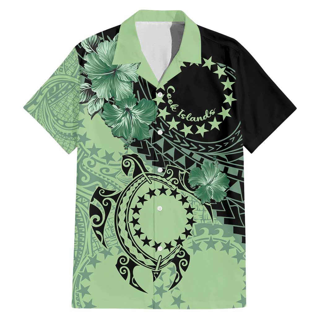 Cook Islands Turtle Family Matching Mermaid Dress and Hawaiian Shirt Stars and Hibiscus - Green LT01 Dad's Shirt - Short Sleeve Green - Polynesian Pride