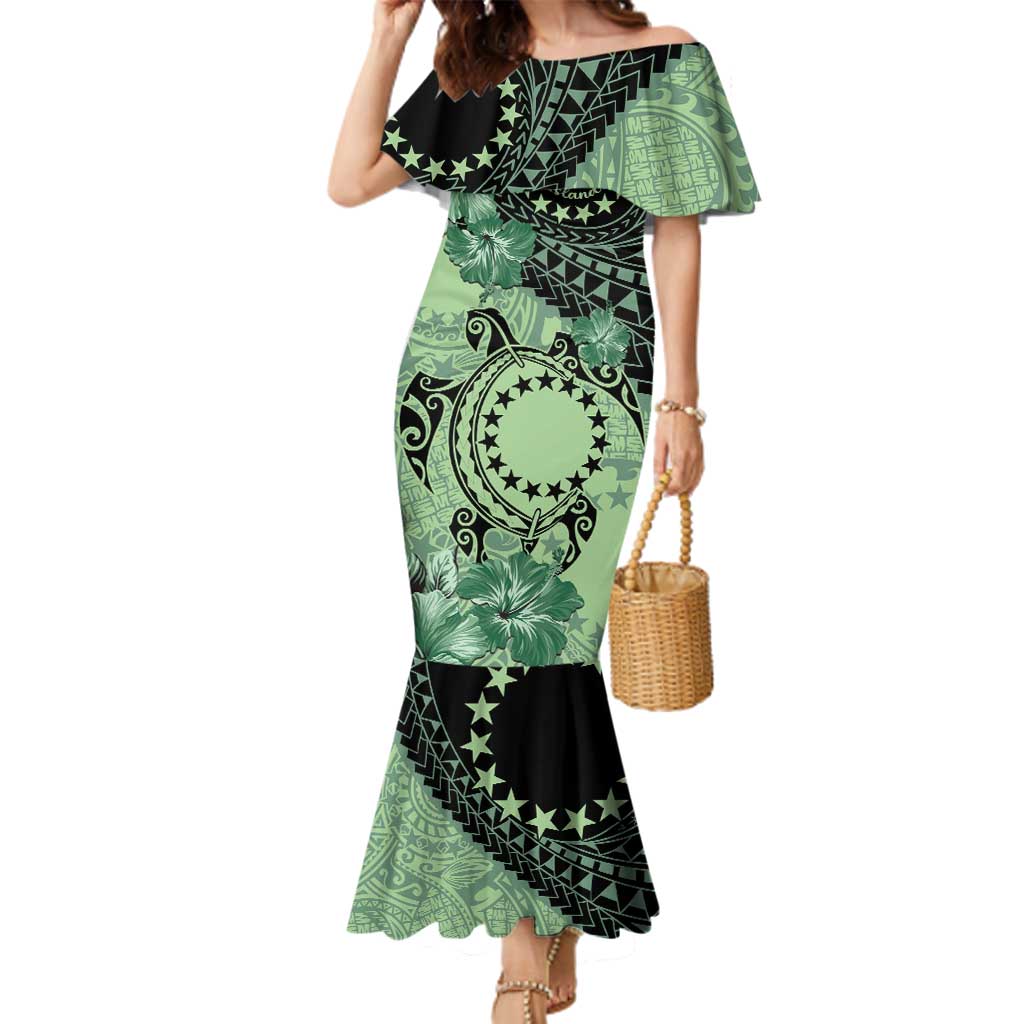 Cook Islands Turtle Family Matching Mermaid Dress and Hawaiian Shirt Stars and Hibiscus - Green LT01 Mom's Dress Green - Polynesian Pride