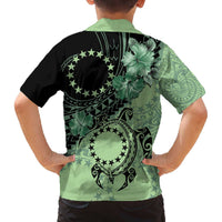 Cook Islands Turtle Family Matching Off The Shoulder Long Sleeve Dress and Hawaiian Shirt Stars and Hibiscus - Green LT01 - Polynesian Pride