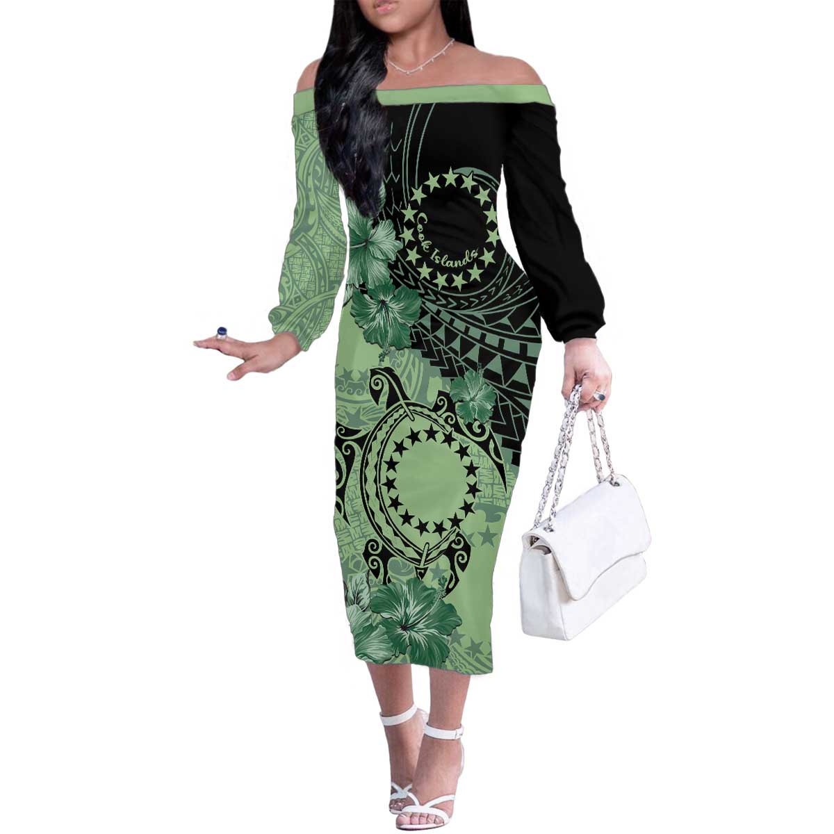 Cook Islands Turtle Family Matching Off The Shoulder Long Sleeve Dress and Hawaiian Shirt Stars and Hibiscus - Green LT01 Mom's Dress Green - Polynesian Pride