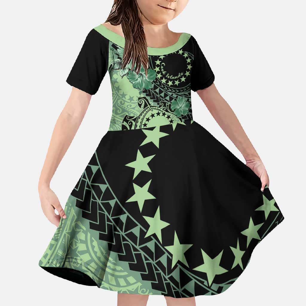 Cook Islands Turtle Family Matching Off Shoulder Maxi Dress and Hawaiian Shirt Stars and Hibiscus - Green LT01 Daughter's Dress Green - Polynesian Pride