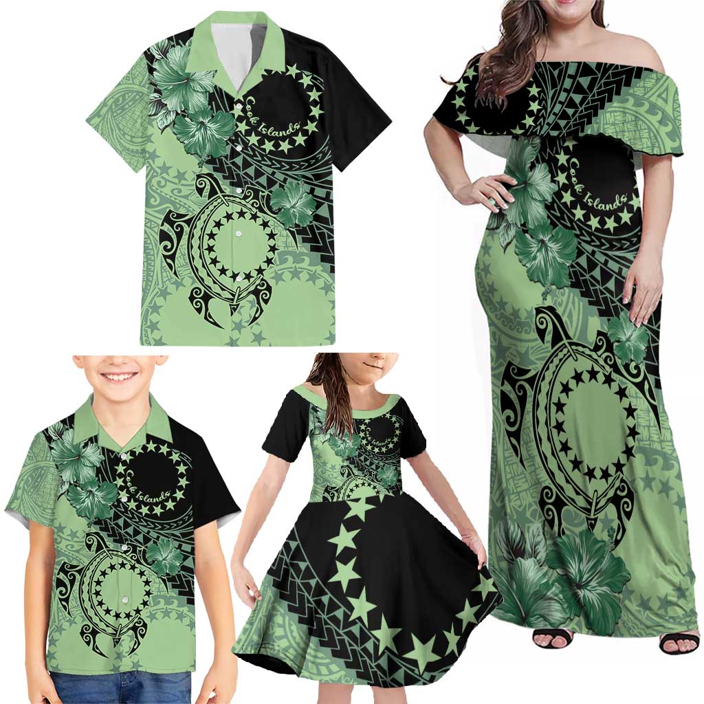 Cook Islands Turtle Family Matching Off Shoulder Maxi Dress and Hawaiian Shirt Stars and Hibiscus - Green LT01 - Polynesian Pride