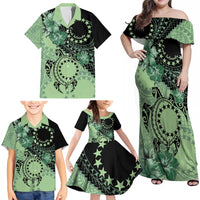 Cook Islands Turtle Family Matching Off Shoulder Maxi Dress and Hawaiian Shirt Stars and Hibiscus - Green LT01 - Polynesian Pride