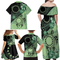 Cook Islands Turtle Family Matching Off Shoulder Maxi Dress and Hawaiian Shirt Stars and Hibiscus - Green LT01 - Polynesian Pride