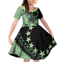 Cook Islands Turtle Family Matching Off Shoulder Short Dress and Hawaiian Shirt Stars and Hibiscus - Green LT01 Daughter's Dress Green - Polynesian Pride