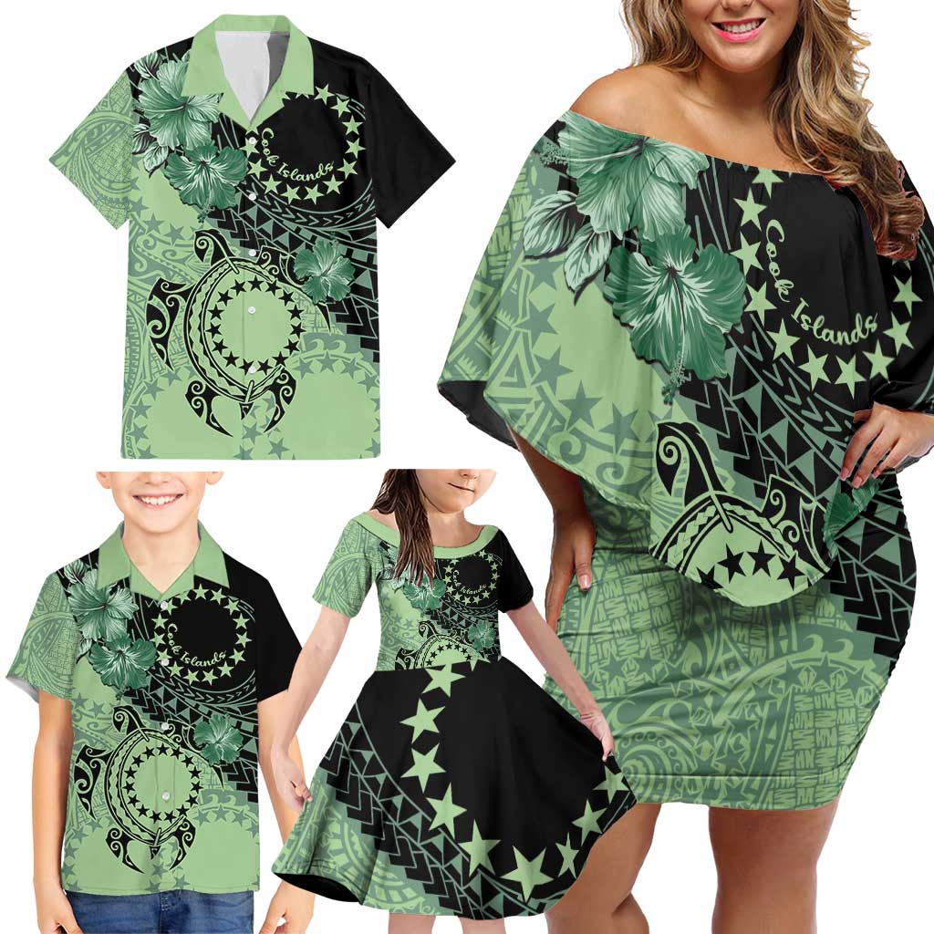 Cook Islands Turtle Family Matching Off Shoulder Short Dress and Hawaiian Shirt Stars and Hibiscus - Green LT01 - Polynesian Pride