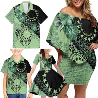 Cook Islands Turtle Family Matching Off Shoulder Short Dress and Hawaiian Shirt Stars and Hibiscus - Green LT01 - Polynesian Pride