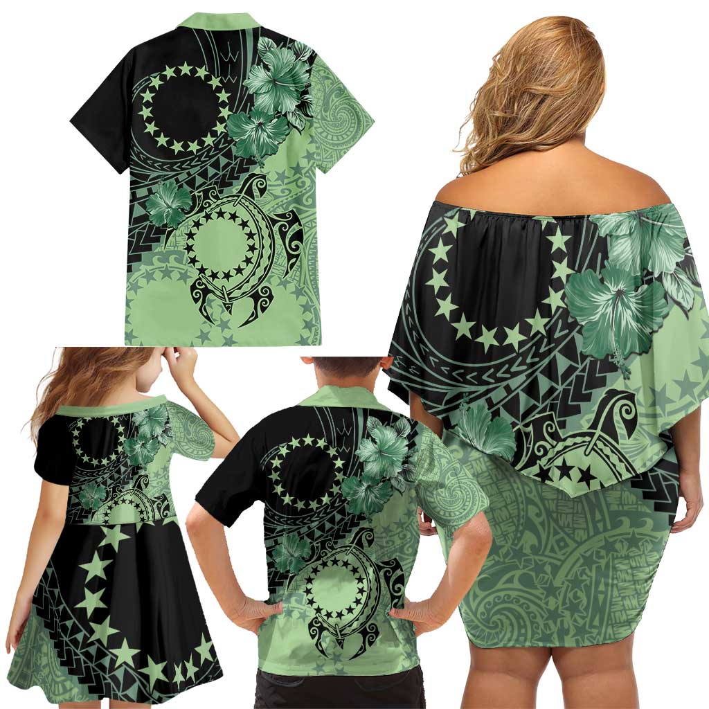 Cook Islands Turtle Family Matching Off Shoulder Short Dress and Hawaiian Shirt Stars and Hibiscus - Green LT01 - Polynesian Pride