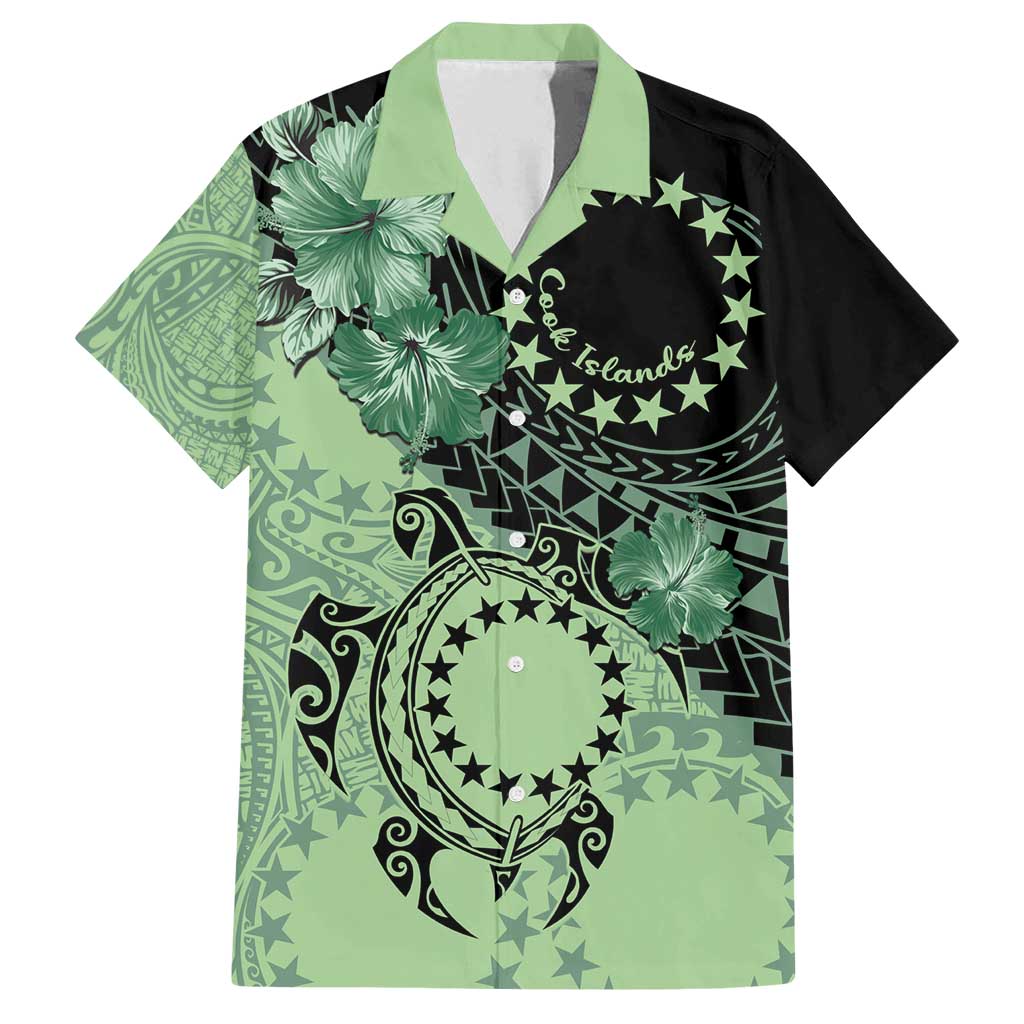 Cook Islands Turtle Family Matching Off Shoulder Short Dress and Hawaiian Shirt Stars and Hibiscus - Green LT01 Dad's Shirt - Short Sleeve Green - Polynesian Pride