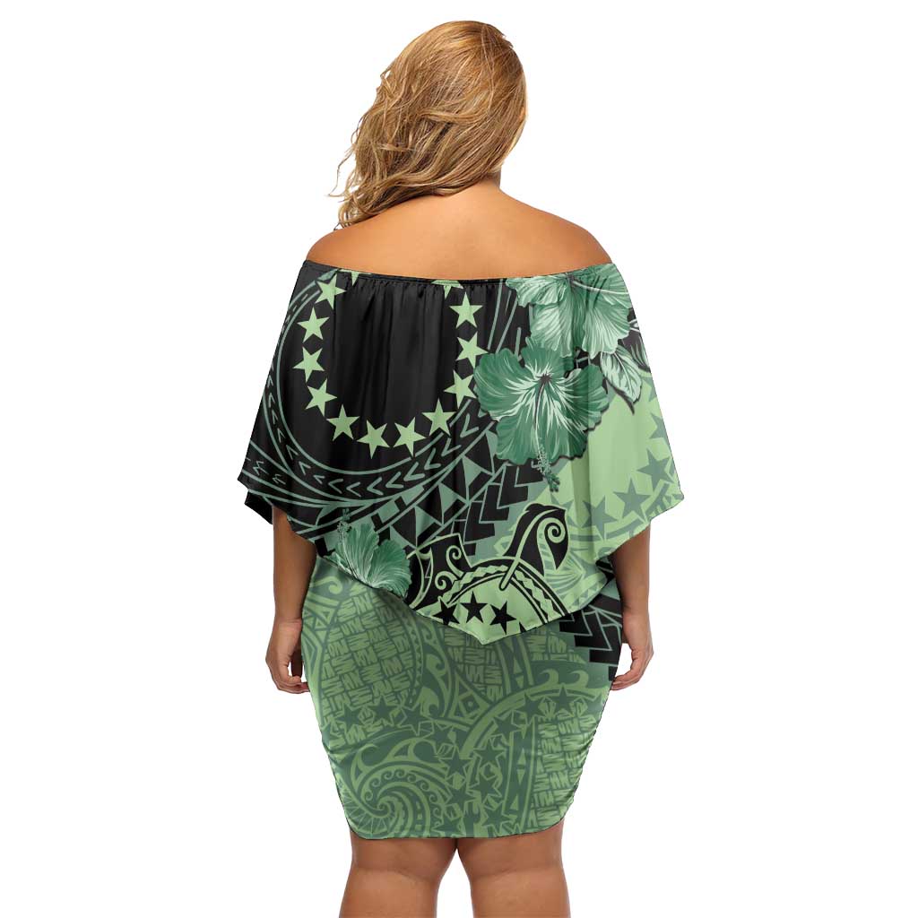 Cook Islands Turtle Family Matching Off Shoulder Short Dress and Hawaiian Shirt Stars and Hibiscus - Green LT01 - Polynesian Pride
