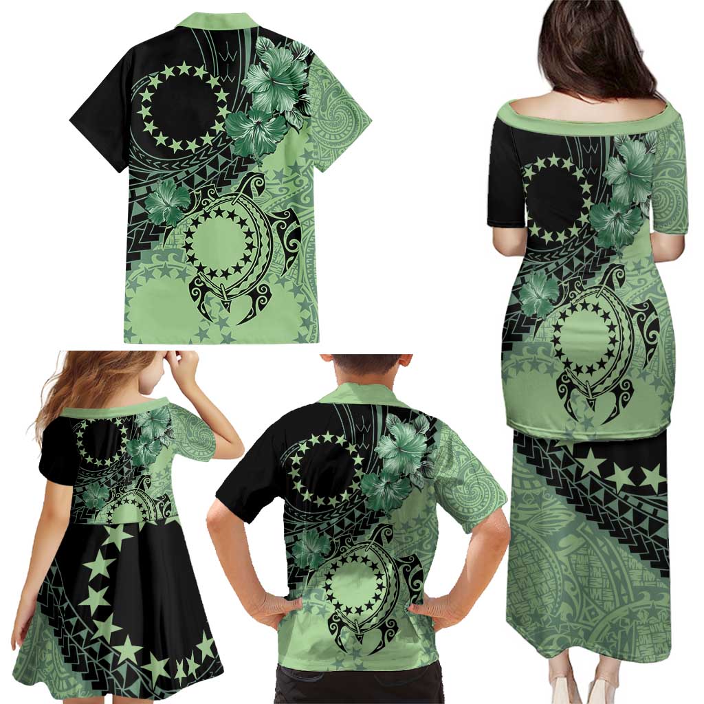 Cook Islands Turtle Family Matching Puletasi and Hawaiian Shirt Stars and Hibiscus - Green LT01 - Polynesian Pride