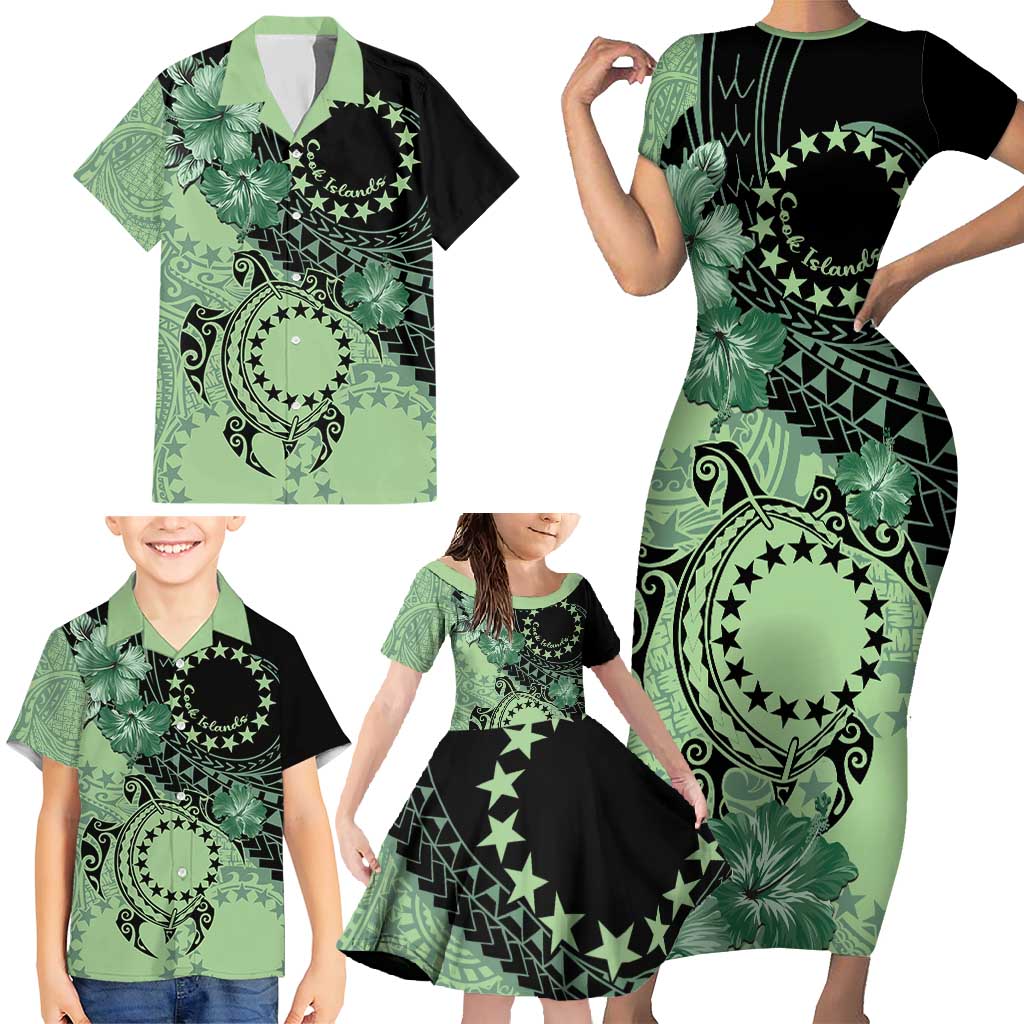 Cook Islands Turtle Family Matching Short Sleeve Bodycon Dress and Hawaiian Shirt Stars and Hibiscus - Green LT01 - Polynesian Pride