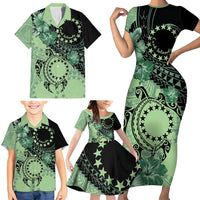 Cook Islands Turtle Family Matching Short Sleeve Bodycon Dress and Hawaiian Shirt Stars and Hibiscus - Green LT01 - Polynesian Pride