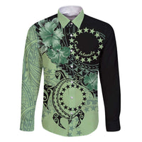 Cook Islands Turtle Family Matching Short Sleeve Bodycon Dress and Hawaiian Shirt Stars and Hibiscus - Green LT01 Dad's Shirt - Long Sleeve Green - Polynesian Pride