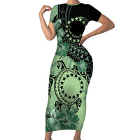 Cook Islands Turtle Family Matching Short Sleeve Bodycon Dress and Hawaiian Shirt Stars and Hibiscus - Green LT01 Mom's Dress Green - Polynesian Pride
