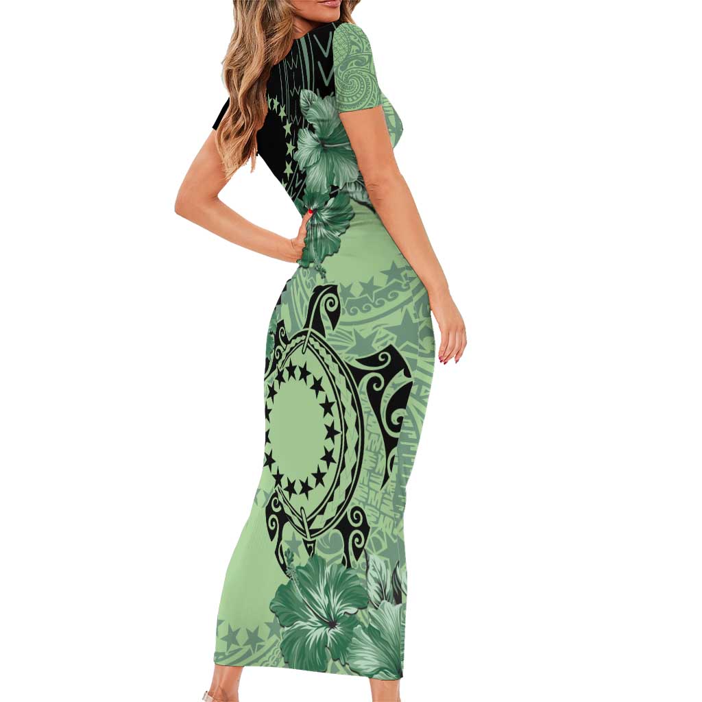 Cook Islands Turtle Family Matching Short Sleeve Bodycon Dress and Hawaiian Shirt Stars and Hibiscus - Green LT01 - Polynesian Pride