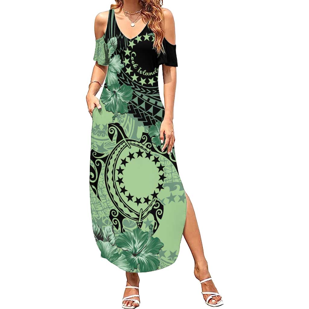 Cook Islands Turtle Family Matching Summer Maxi Dress and Hawaiian Shirt Stars and Hibiscus - Green LT01 Mom's Dress Green - Polynesian Pride