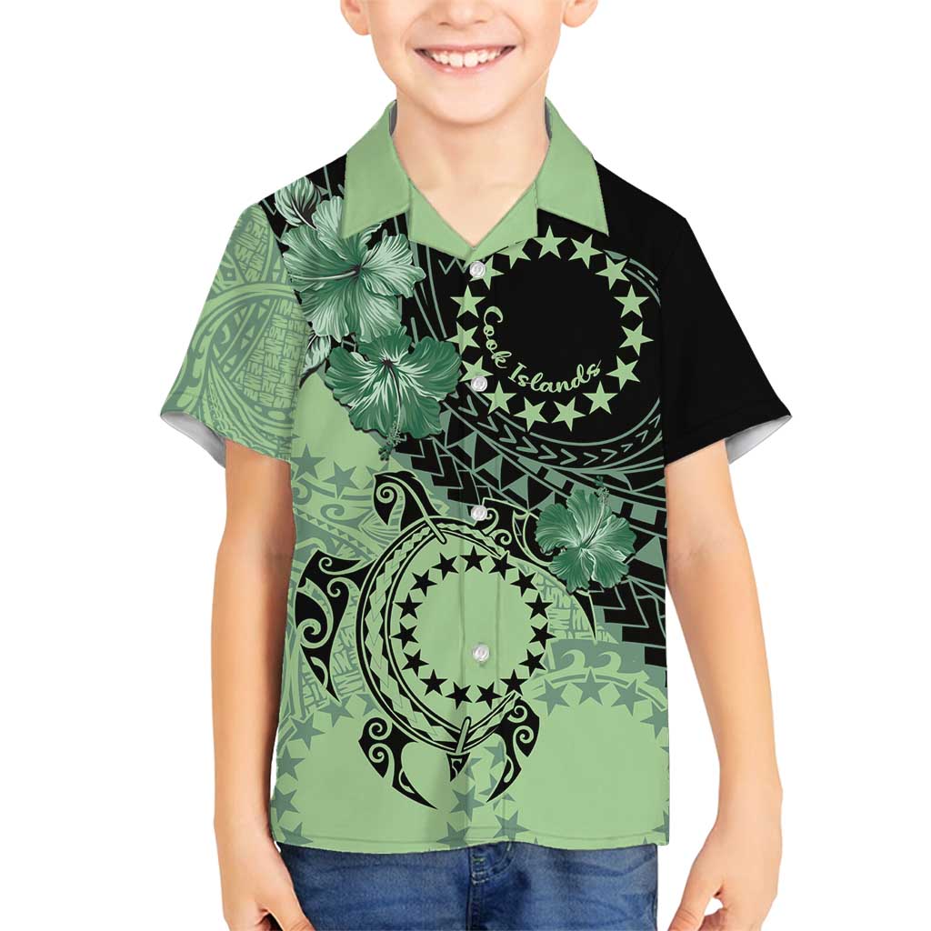 Cook Islands Turtle Family Matching Summer Maxi Dress and Hawaiian Shirt Stars and Hibiscus - Green LT01 Son's Shirt Green - Polynesian Pride