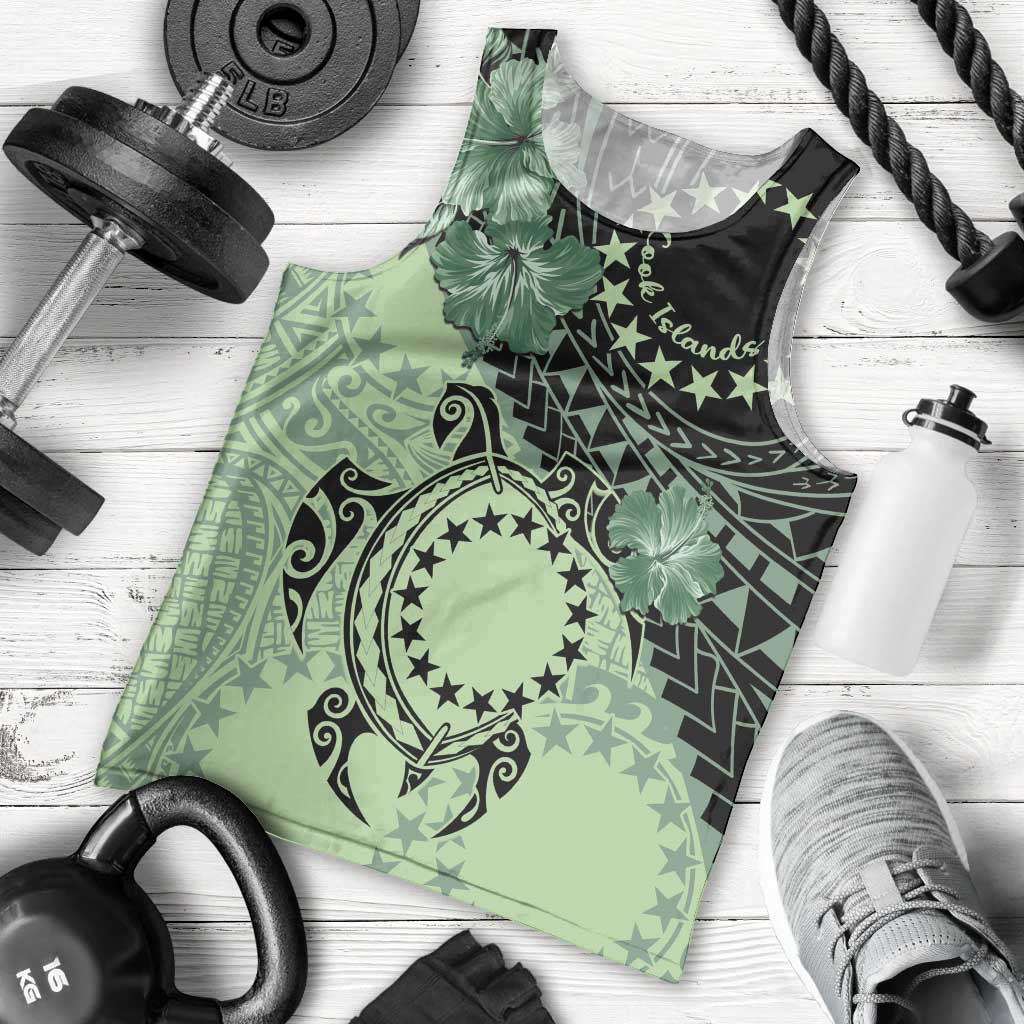 Cook Islands Turtle Men Tank Top Stars and Hibiscus - Green LT01 - Polynesian Pride