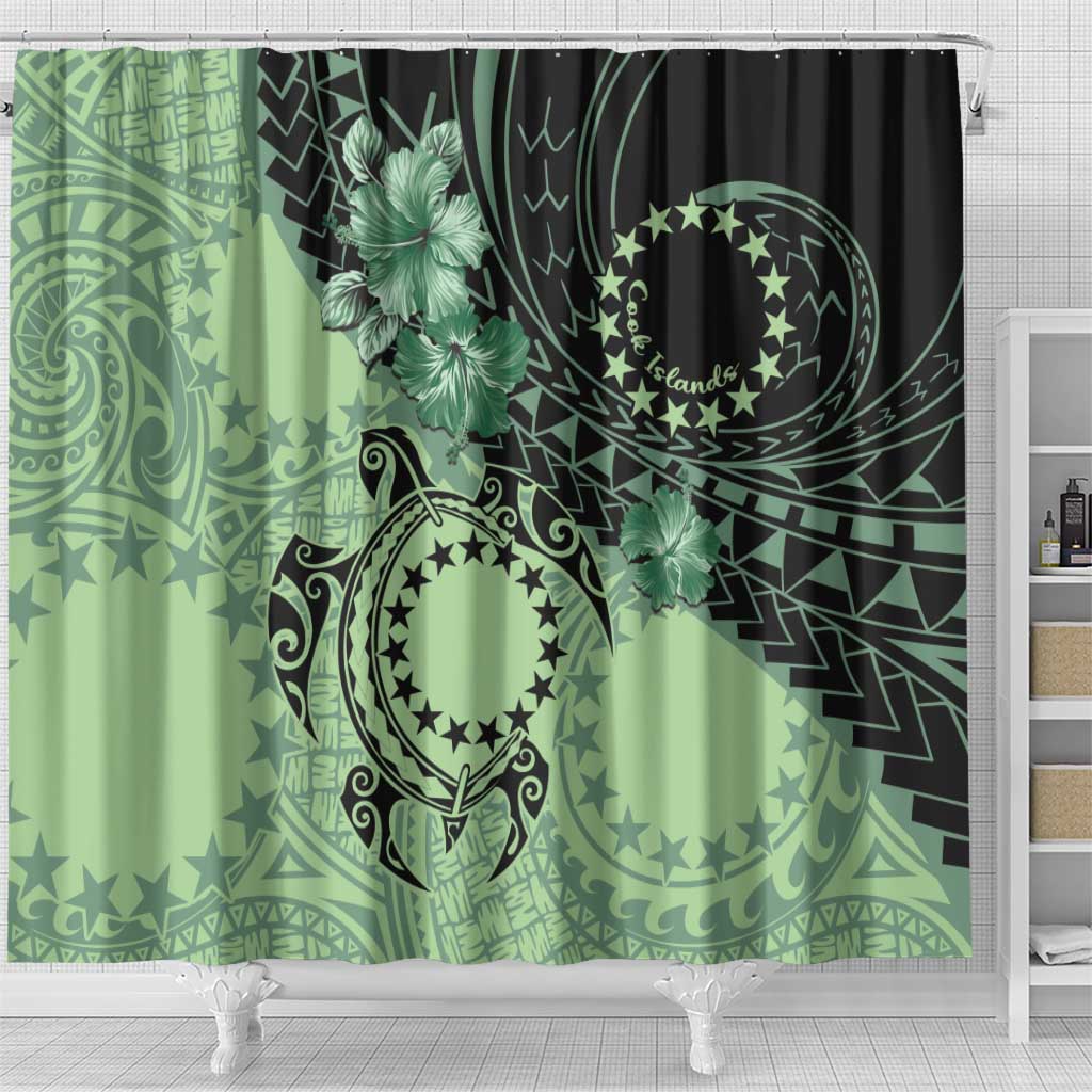 Cook Islands Turtle Shower Curtain Stars and Hibiscus - Green LT01 - Polynesian Pride