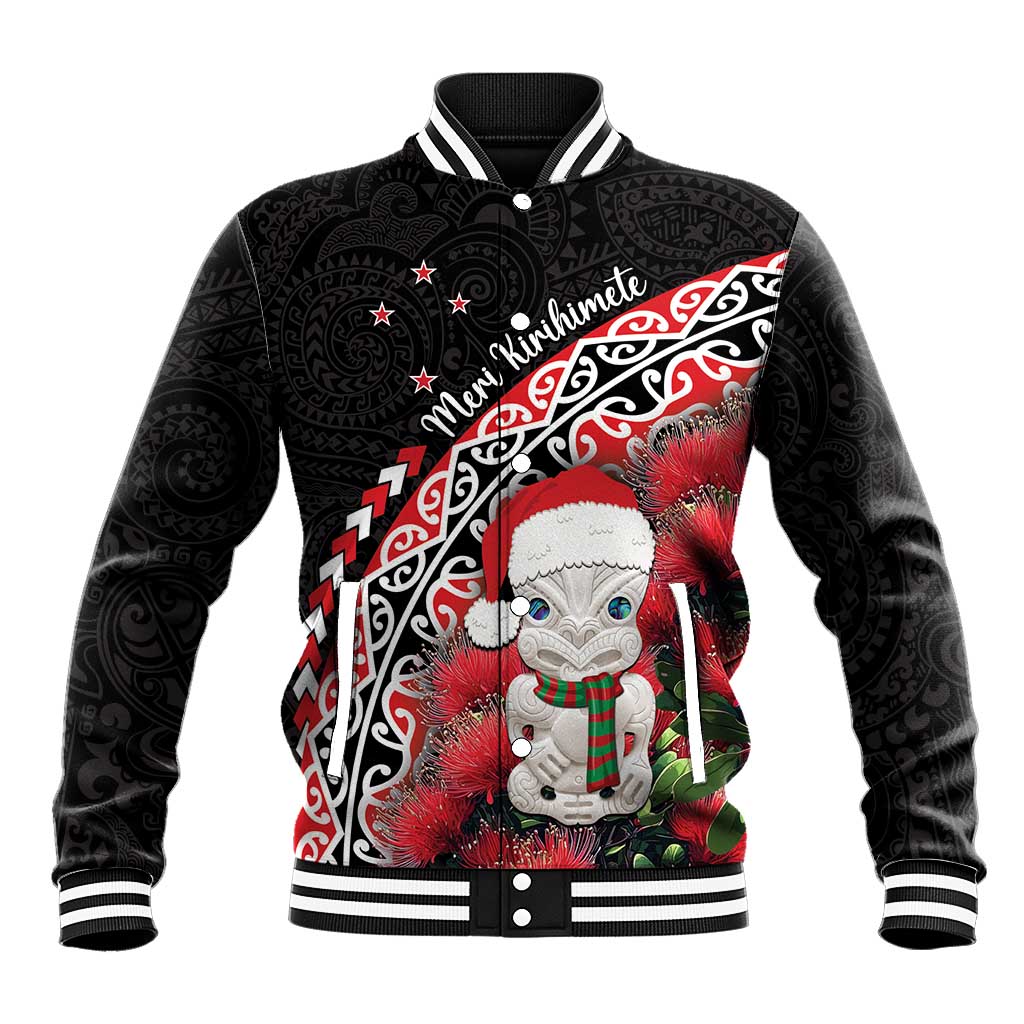 New Zealand Christmas Meri Kirihimete Baseball Jacket Santa Hei Tiki Pohutukawa LT01 Unisex Black - Polynesian Pride