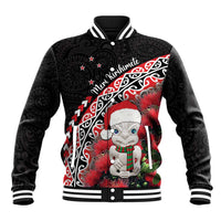 New Zealand Christmas Meri Kirihimete Baseball Jacket Santa Hei Tiki Pohutukawa LT01 Unisex Black - Polynesian Pride