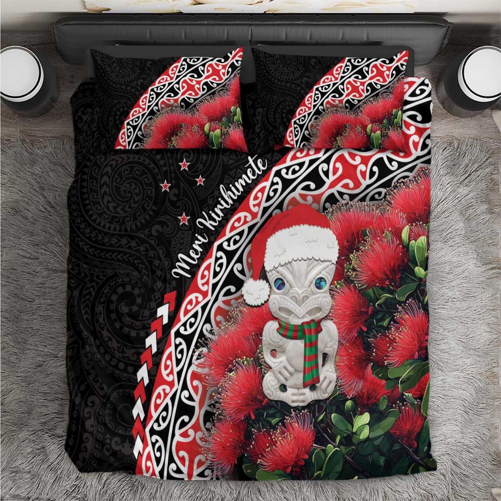 New Zealand Christmas Meri Kirihimete Bedding Set Santa Hei Tiki Pohutukawa LT01 Black - Polynesian Pride