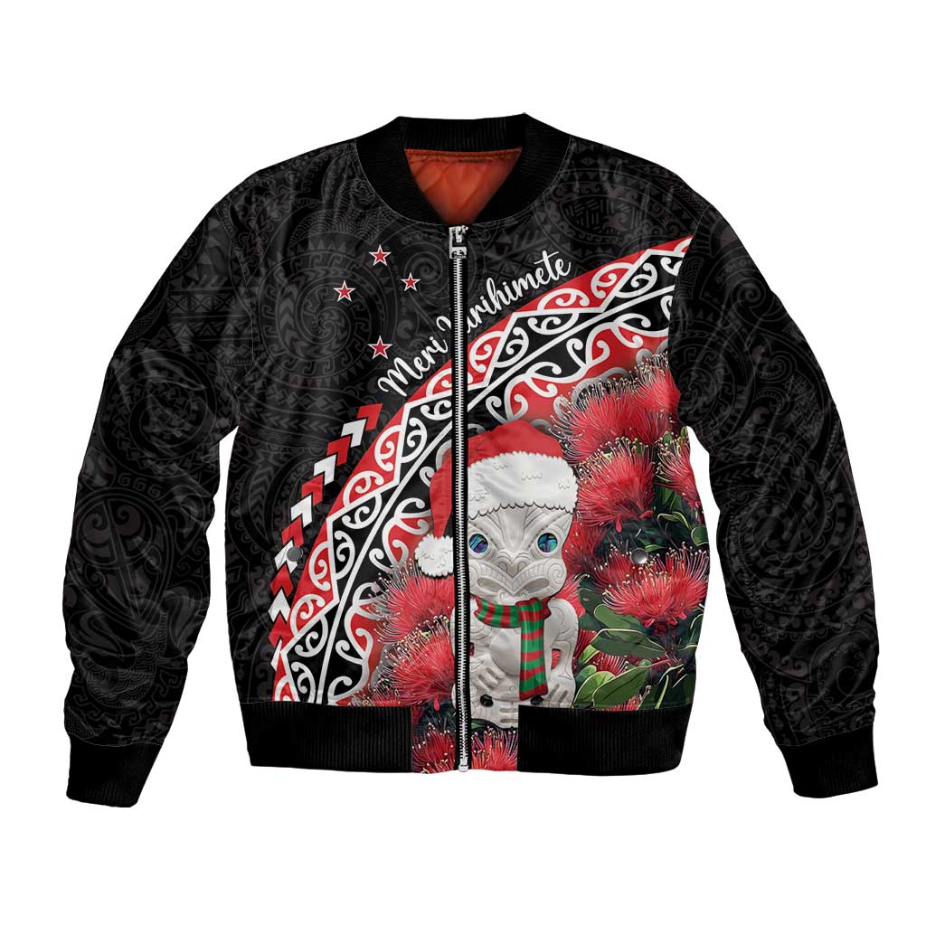 New Zealand Christmas Meri Kirihimete Bomber Jacket Santa Hei Tiki Pohutukawa LT01 Unisex Black - Polynesian Pride