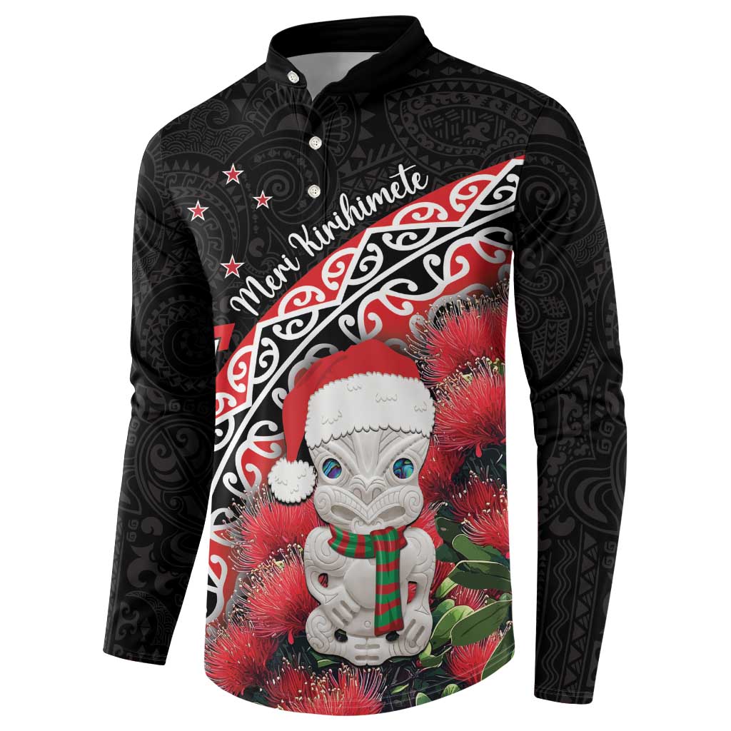 New Zealand Christmas Meri Kirihimete Button Sweatshirt Santa Hei Tiki Pohutukawa LT01 - Polynesian Pride