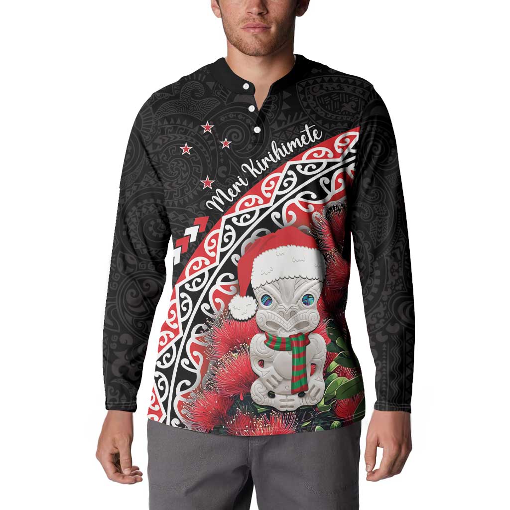 New Zealand Christmas Meri Kirihimete Button Sweatshirt Santa Hei Tiki Pohutukawa LT01 - Polynesian Pride