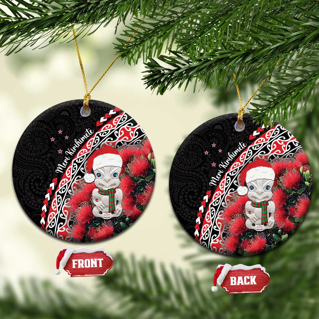 New Zealand Christmas Meri Kirihimete Ceramic Ornament Santa Hei Tiki Pohutukawa LT01 Circle Black - Polynesian Pride