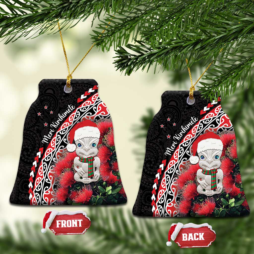 New Zealand Christmas Meri Kirihimete Ceramic Ornament Santa Hei Tiki Pohutukawa LT01 Bell Flake Black - Polynesian Pride