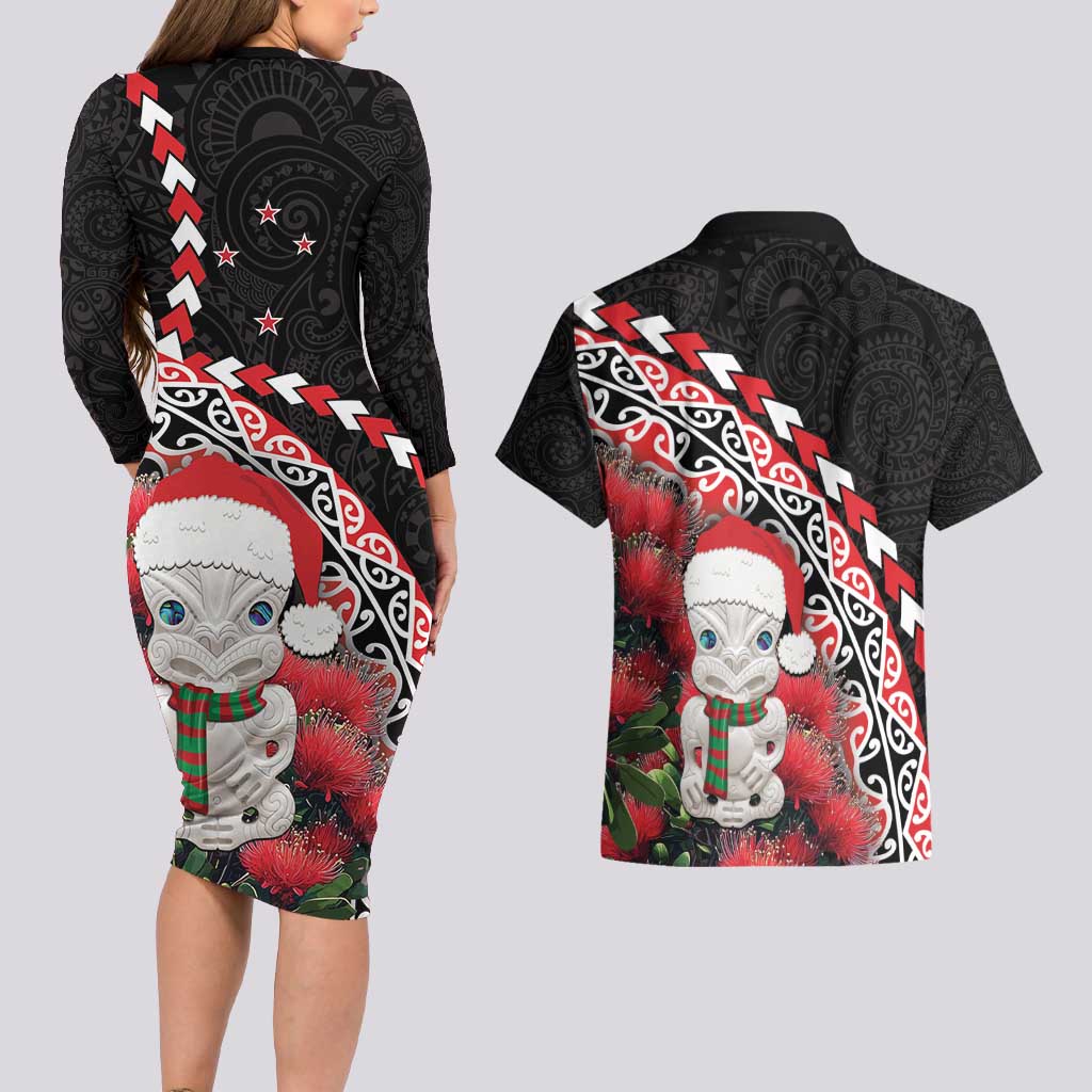 New Zealand Christmas Meri Kirihimete Couples Matching Long Sleeve Bodycon Dress and Hawaiian Shirt Santa Hei Tiki Pohutukawa LT01 - Polynesian Pride