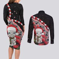 New Zealand Christmas Meri Kirihimete Couples Matching Long Sleeve Bodycon Dress and Long Sleeve Button Shirt Santa Hei Tiki Pohutukawa LT01 - Polynesian Pride