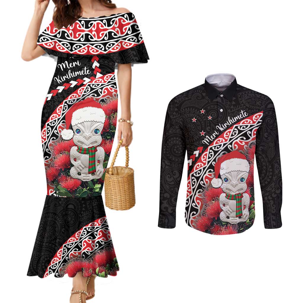 New Zealand Christmas Meri Kirihimete Couples Matching Mermaid Dress and Long Sleeve Button Shirt Santa Hei Tiki Pohutukawa LT01 Black - Polynesian Pride