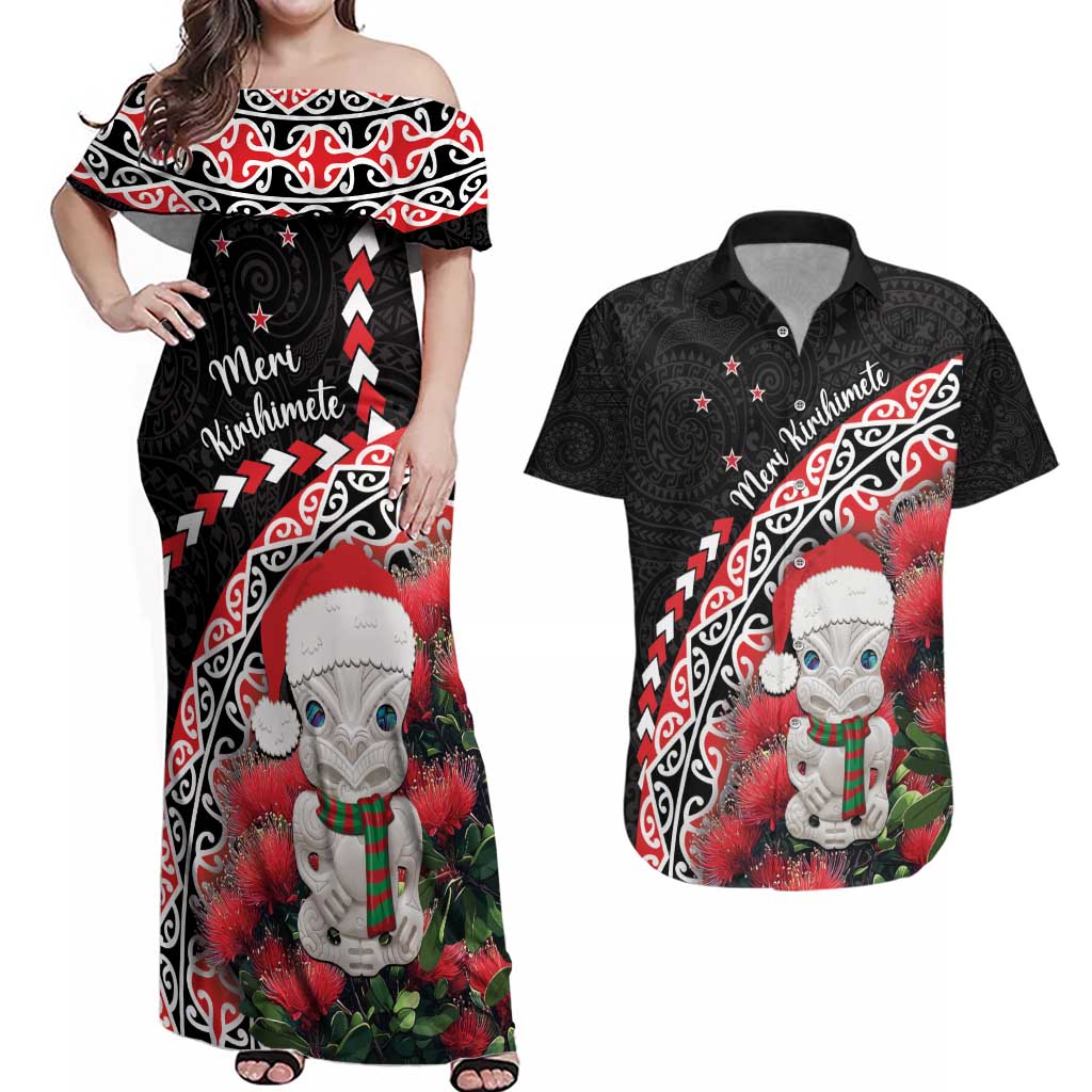 New Zealand Christmas Meri Kirihimete Couples Matching Off Shoulder Maxi Dress and Hawaiian Shirt Santa Hei Tiki Pohutukawa LT01 Black - Polynesian Pride
