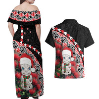 New Zealand Christmas Meri Kirihimete Couples Matching Off Shoulder Maxi Dress and Hawaiian Shirt Santa Hei Tiki Pohutukawa LT01 - Polynesian Pride