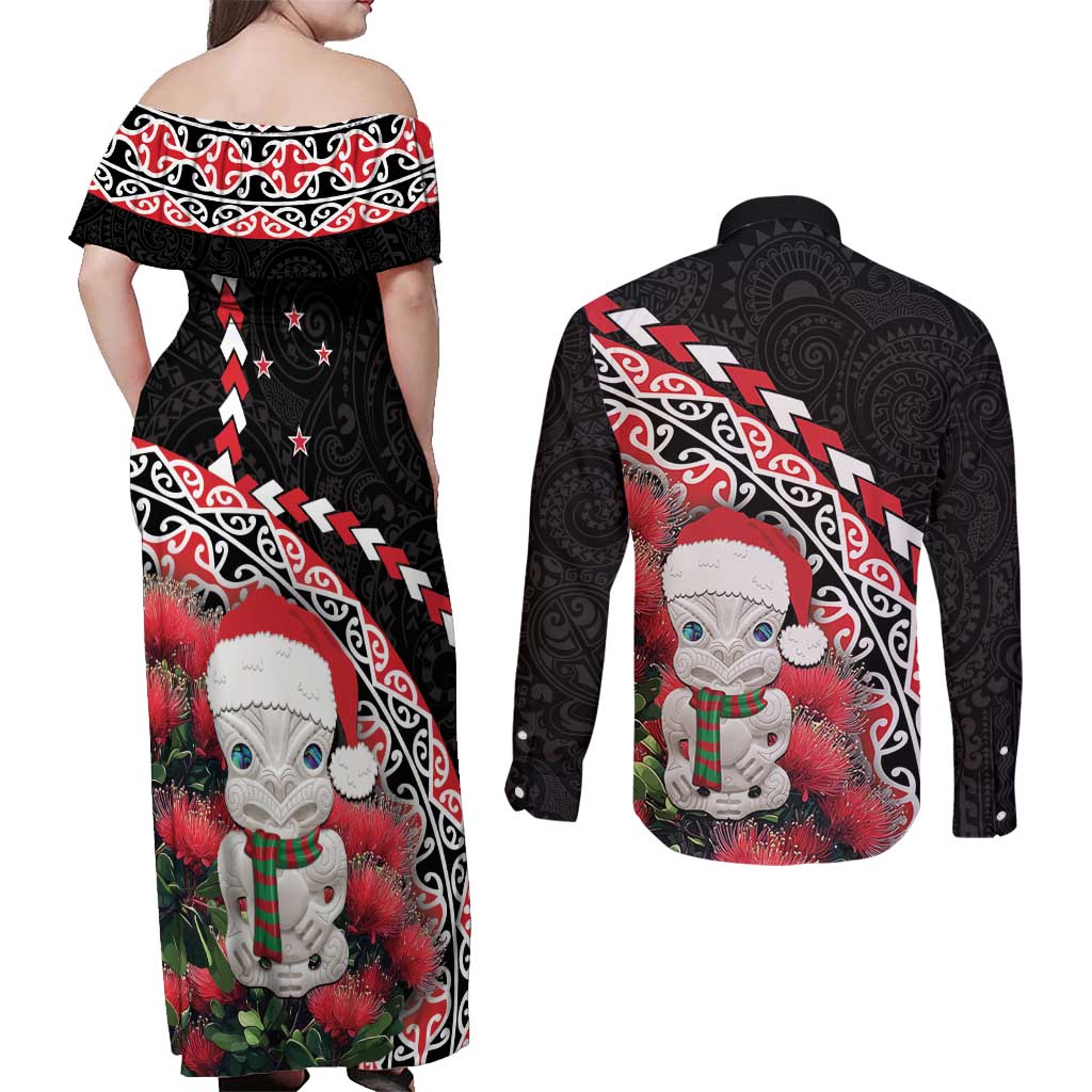 New Zealand Christmas Meri Kirihimete Couples Matching Off Shoulder Maxi Dress and Long Sleeve Button Shirt Santa Hei Tiki Pohutukawa LT01 - Polynesian Pride