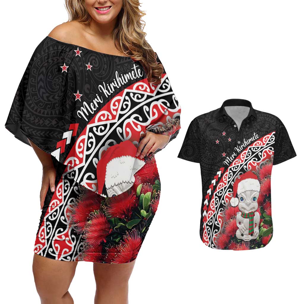 New Zealand Christmas Meri Kirihimete Couples Matching Off Shoulder Short Dress and Hawaiian Shirt Santa Hei Tiki Pohutukawa LT01 Black - Polynesian Pride
