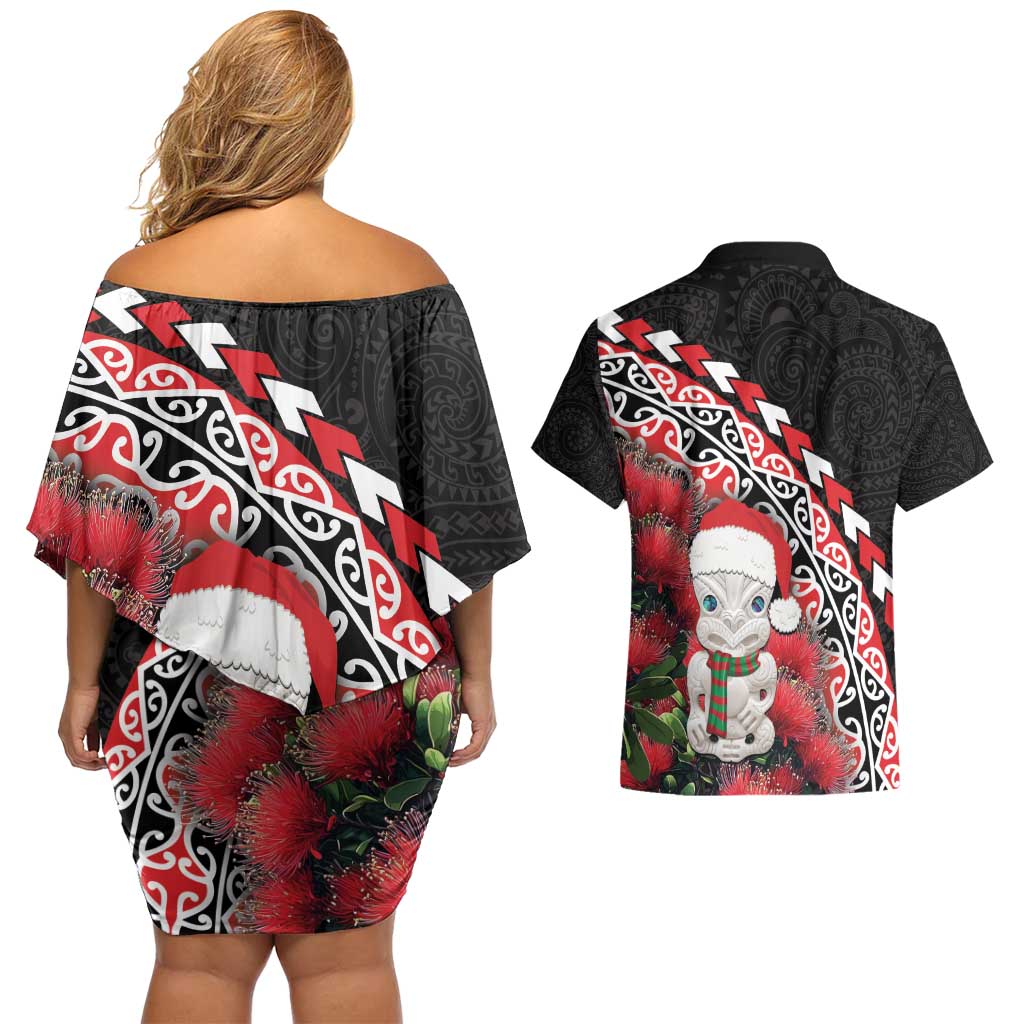 New Zealand Christmas Meri Kirihimete Couples Matching Off Shoulder Short Dress and Hawaiian Shirt Santa Hei Tiki Pohutukawa LT01 - Polynesian Pride