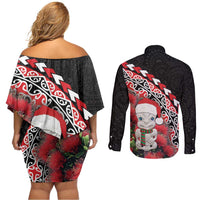New Zealand Christmas Meri Kirihimete Couples Matching Off Shoulder Short Dress and Long Sleeve Button Shirt Santa Hei Tiki Pohutukawa LT01 - Polynesian Pride