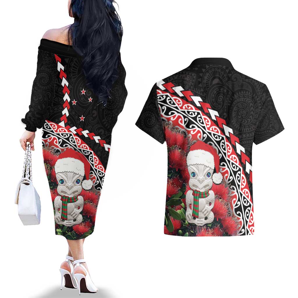 New Zealand Christmas Meri Kirihimete Couples Matching Off The Shoulder Long Sleeve Dress and Hawaiian Shirt Santa Hei Tiki Pohutukawa LT01 - Polynesian Pride