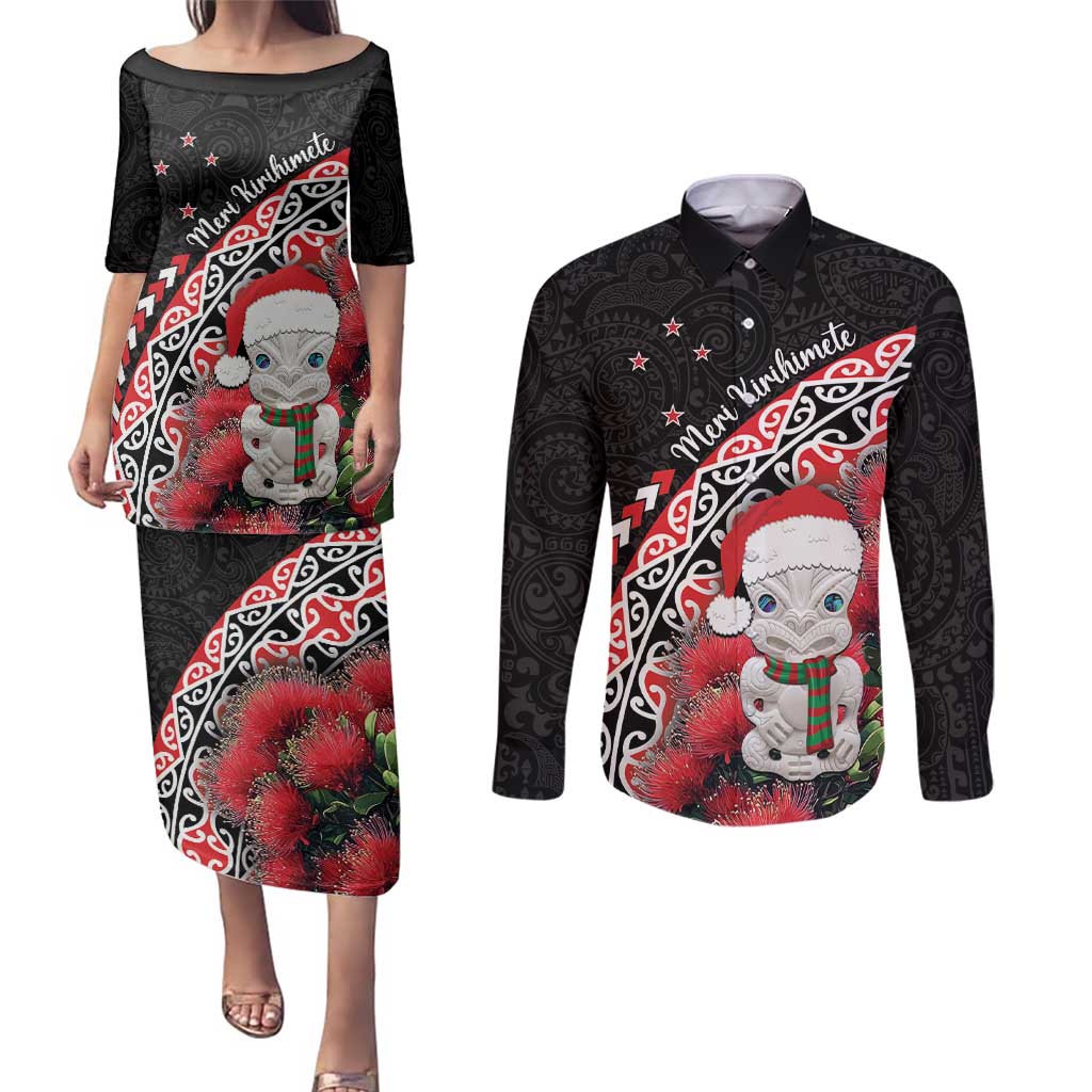 New Zealand Christmas Meri Kirihimete Couples Matching Puletasi and Long Sleeve Button Shirt Santa Hei Tiki Pohutukawa LT01 Black - Polynesian Pride