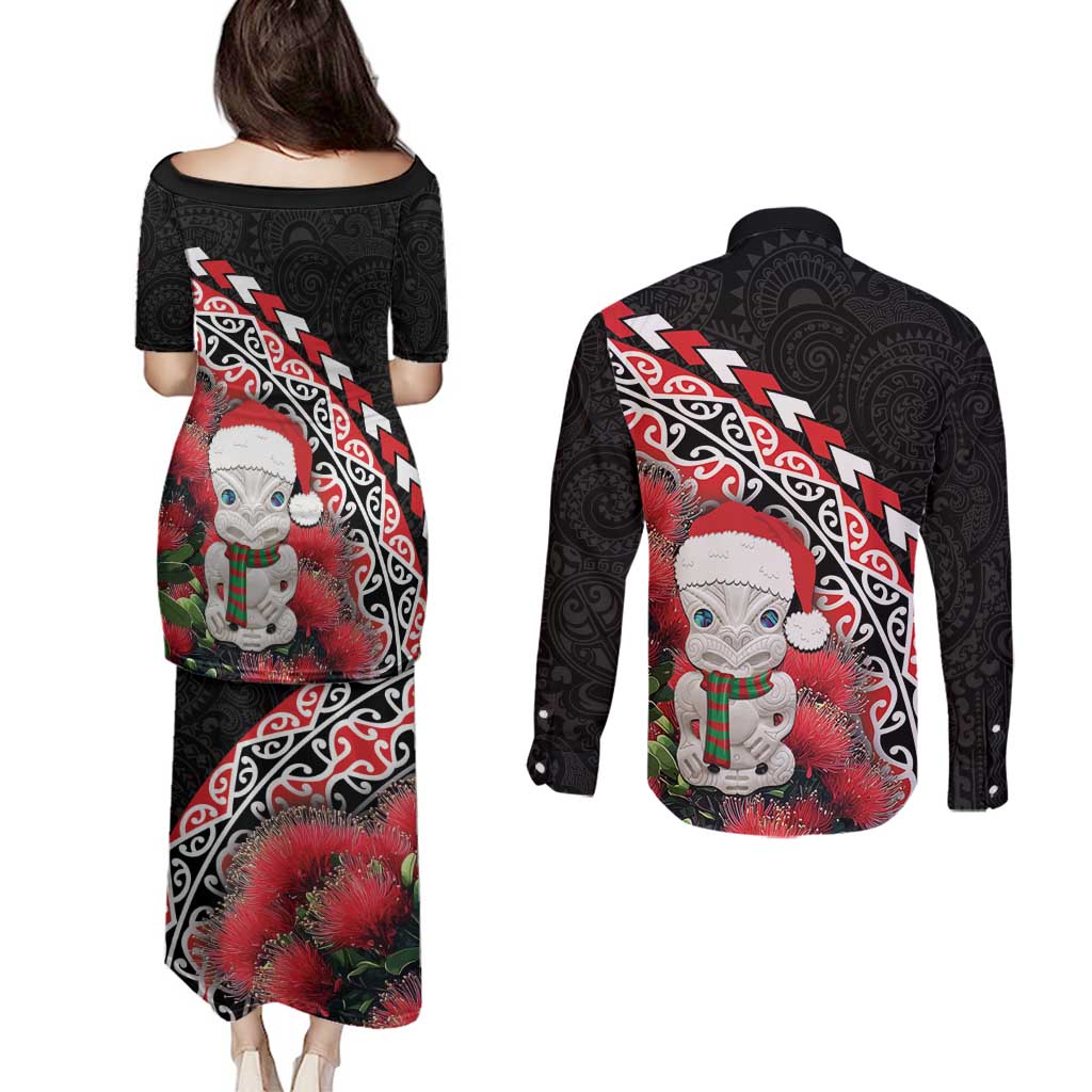 New Zealand Christmas Meri Kirihimete Couples Matching Puletasi and Long Sleeve Button Shirt Santa Hei Tiki Pohutukawa LT01 - Polynesian Pride
